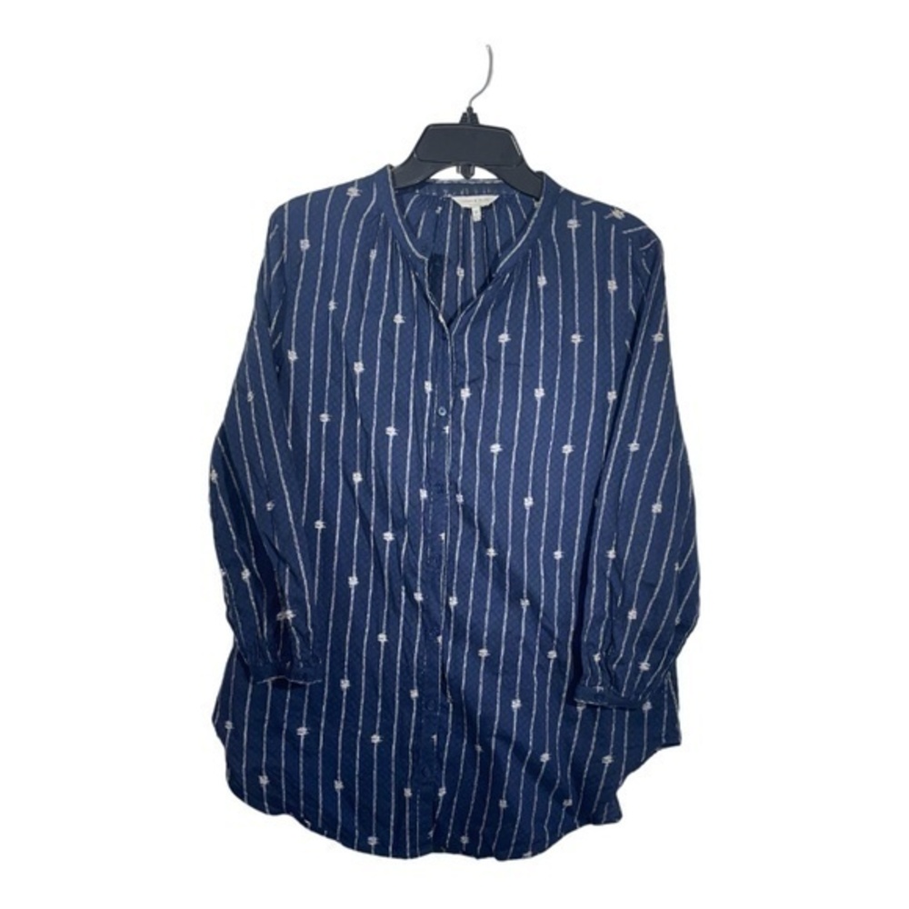Lucky Brand Womens Collarless Blouse Navy & Cream Print 100% Cotton Size Medium